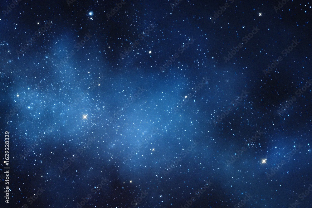 Fototapeta premium Starry sky background, blue night sky full of stars, glowing stars in the dark space, starry background, dark night, stars in the distance, starlight, dark background with a blue glow, night sky. 