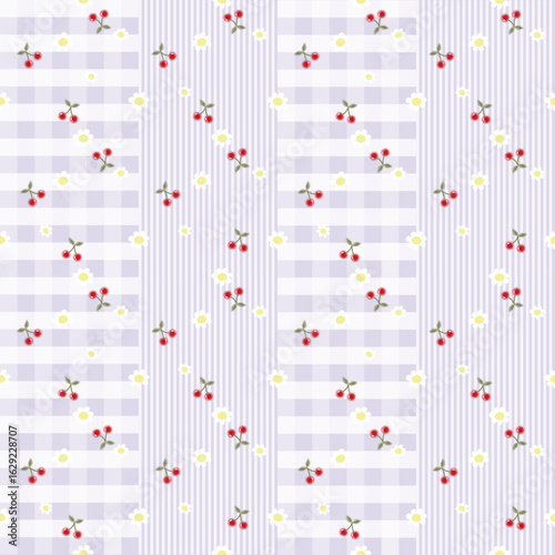 Vector pattern of fabric, wallpaper, wrapping paper, mats and bed sheets. Continuous and repeating pattern designed with alternating red daisies and cherries on a plaid, striped background.Cute style.