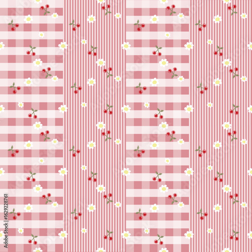 Vector pattern of fabric, wallpaper, wrapping paper, mats and bed sheets. Continuous and repeating pattern designed with alternating red daisies and cherries on a plaid, striped background.Cute style.