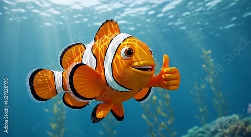 Cheerful 3D Clownfish Character Gives Thumbs Up in Sunlit Ocean