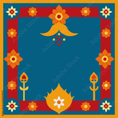 Vibrant floral border design with geometric accents