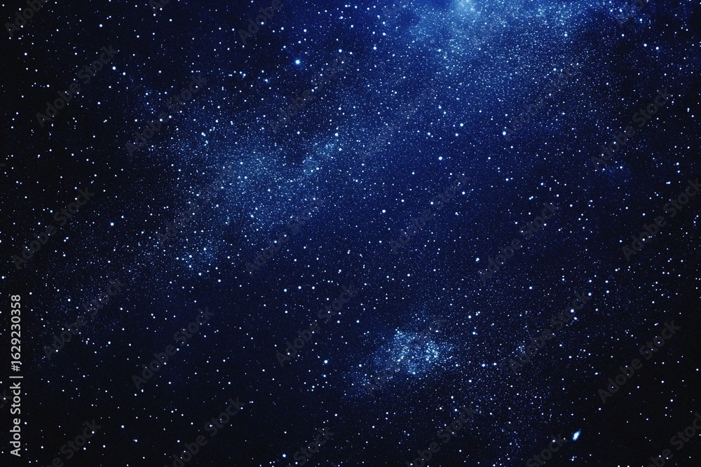 Fototapeta premium Starry sky background, blue night sky full of stars, glowing stars in the dark space, starry background, dark night, stars in the distance, starlight, dark background with a blue glow, night sky.