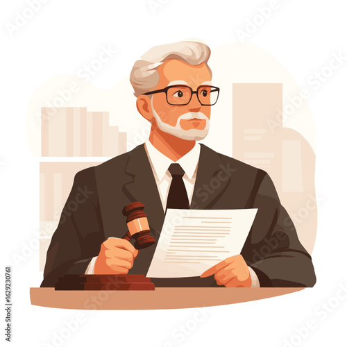Mature male lawyer or judge in office holding legal document with gavel. Law, justice, and judgment concept. Attorney with contract, court approval, legal services vector
