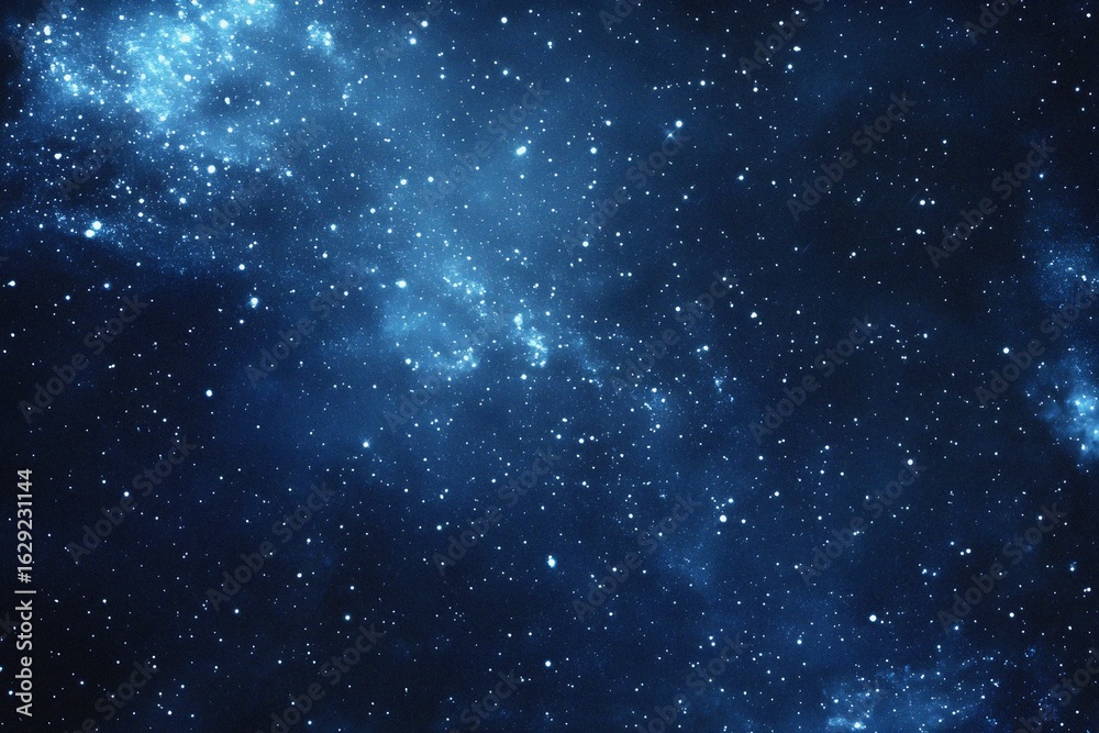 Obraz premium Starry sky background, blue night sky full of stars, glowing stars in the dark space, starry background, dark night, stars in the distance, starlight, dark background with a blue glow, night sky. 