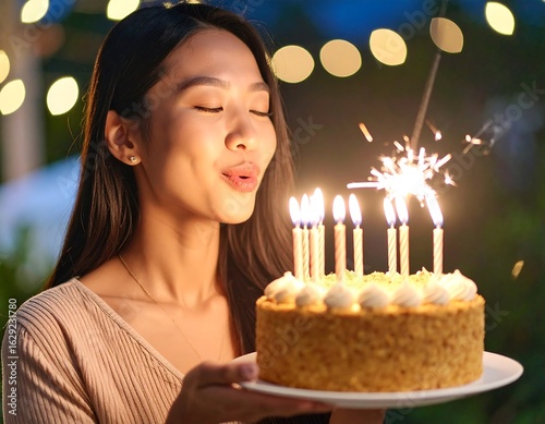 Woman blowing out birthday cake candles