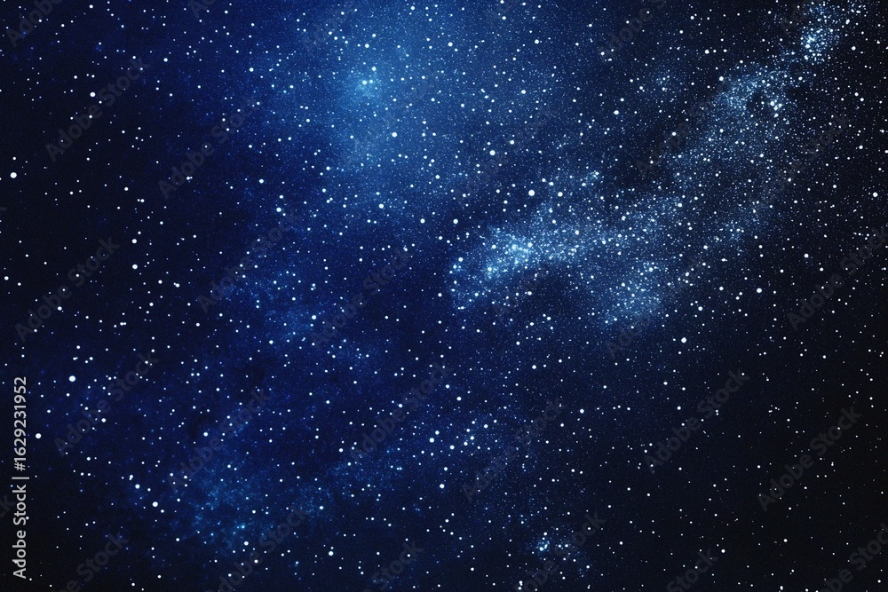 Fototapeta premium Starry sky background, blue night sky full of stars, glowing stars in the dark space, starry background, dark night, stars in the distance, starlight, dark background with a blue glow, night sky. 