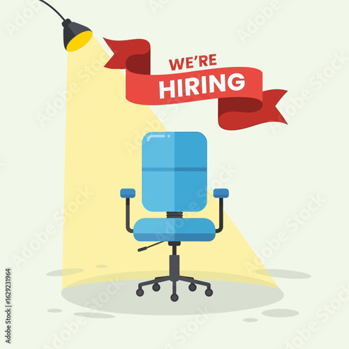 A blue office chair is illuminated by a spotlight, with a red ribbon proclaiming "We're Hiring" above it, symbolizing recruitment.