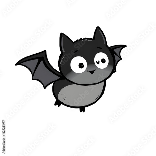 A funny and cute black bat cartoon illustration with big eyes and a fluffy tail, perfect for a pet-themed design and halloween celebration