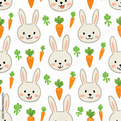 Minimalist vector pattern of bunny faces nibbling on carrots, clean lines, white background, modern Scandinavian nursery style