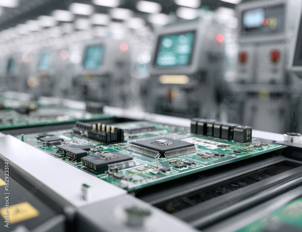 Fototapeta premium High-Tech Assembly Line: Detailed View of a CPU on a Green Circuit Board