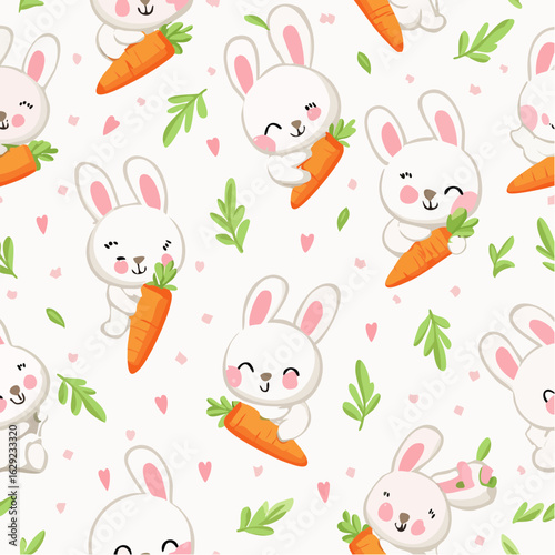 Seamless vector pattern of cute white rabbits happily eating carrots, soft pastel background, kawaii cartoon style, repeating design