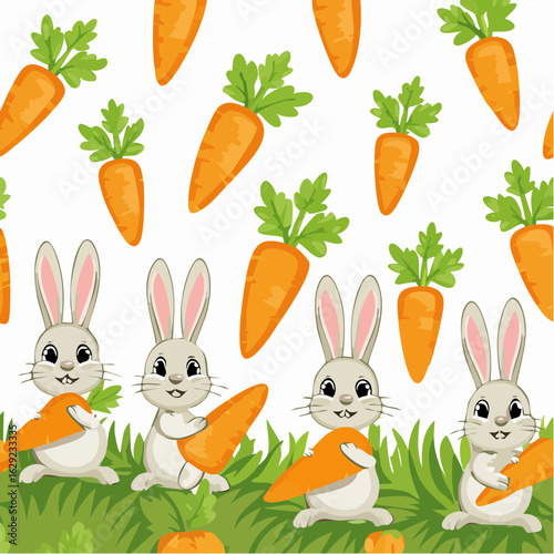 Seamless vector pattern of cute white rabbits happily eating carrots, soft pastel background, kawaii cartoon style, repeating design
