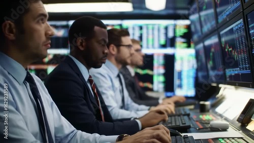 Diverse business professionals working in a modern trading room
