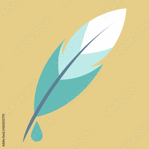 Stylized feather with a drop of ink on a yellow background
