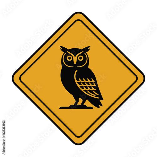 A yellow warning sign with a black owl icon, nocturnal animal symbol.

