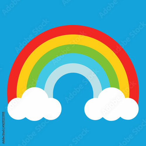 Vibrant rainbow arch with fluffy clouds on a blue sky