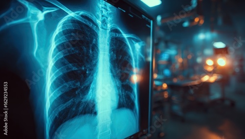 Luminous Cyan Chest X-ray on a Monitor in a Dimly Lit Medical Environment