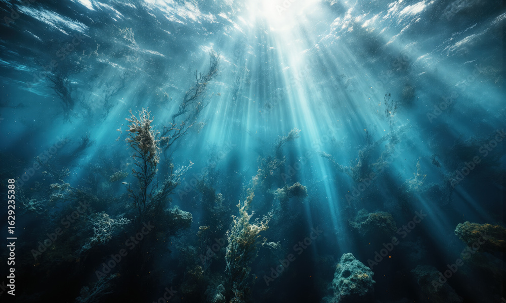 Obraz premium A dreamy underwater scene with rays of sunlight filtering through crystal-clear water, highlighting the motion of seaweed and soft ripples.