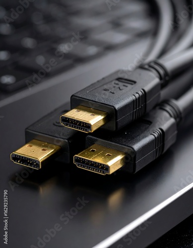 Black HDMI cables on a dark surface