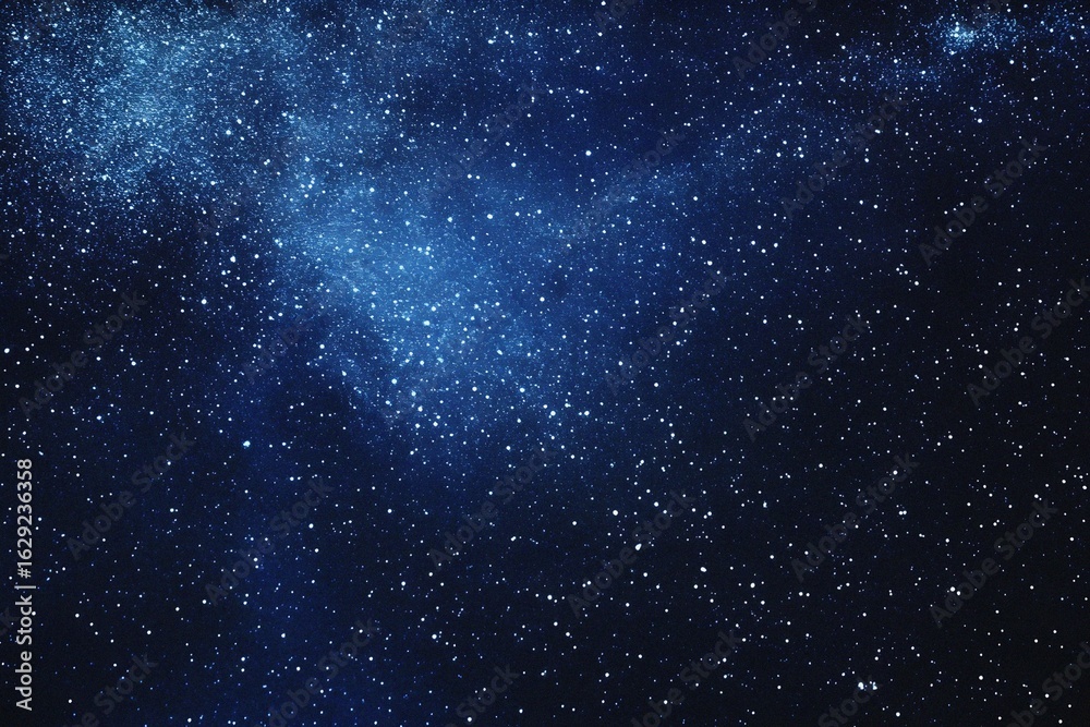 Fototapeta premium Starry sky background, blue night sky full of stars, glowing stars in the dark space, starry background, dark night, stars in the distance, starlight, dark background with a blue glow, night sky. 