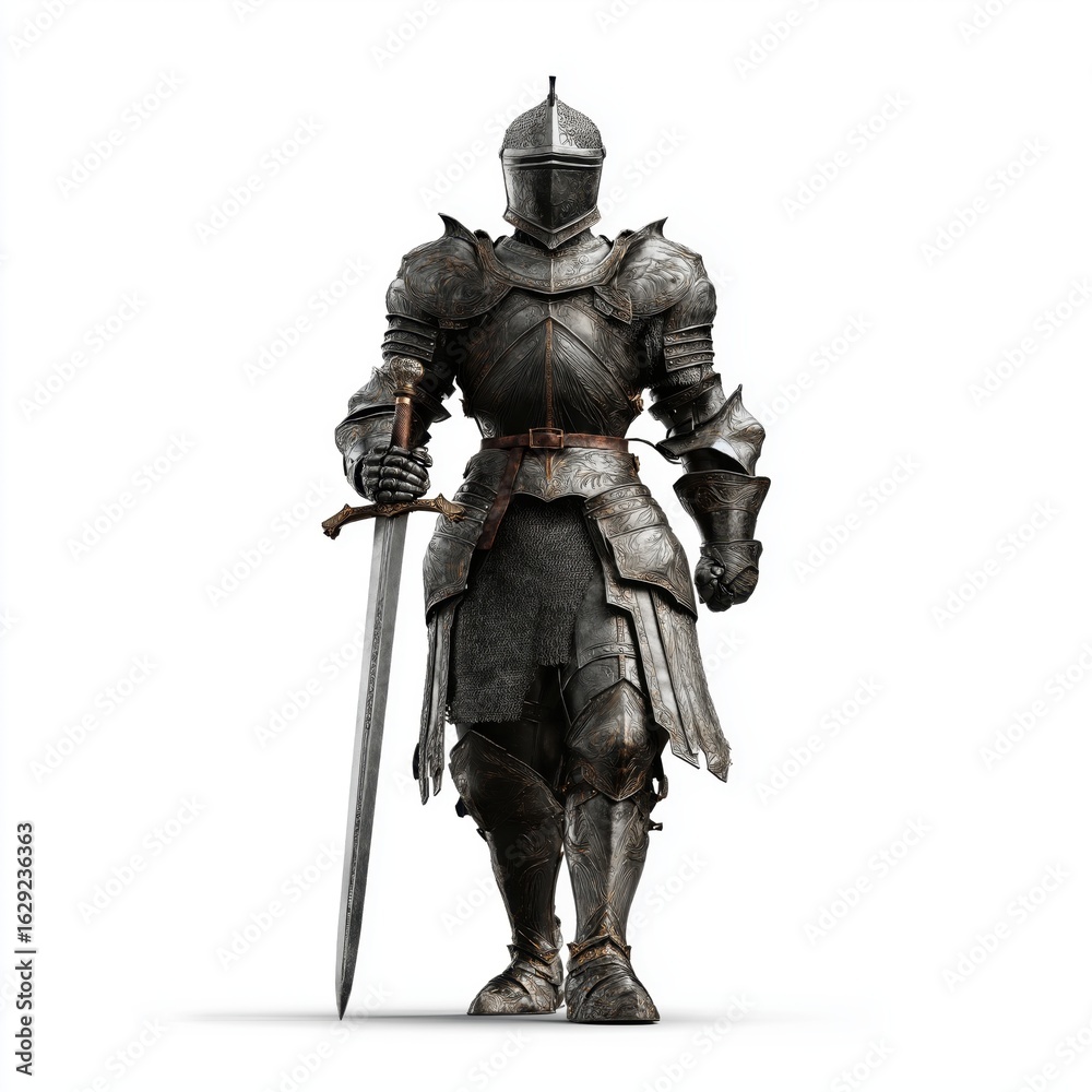 Fototapeta premium medieval knight in historical metal armor and helmet armed with a sword on a white isolated background