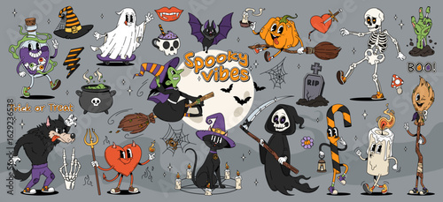 Cartoon groovy Halloween characters and symbols, vector horror holiday. Psychedelic witch, ghost, skeleton and death monsters. Retro hippie groovy Halloween pumpkin, bat, skull, trick or treat candies