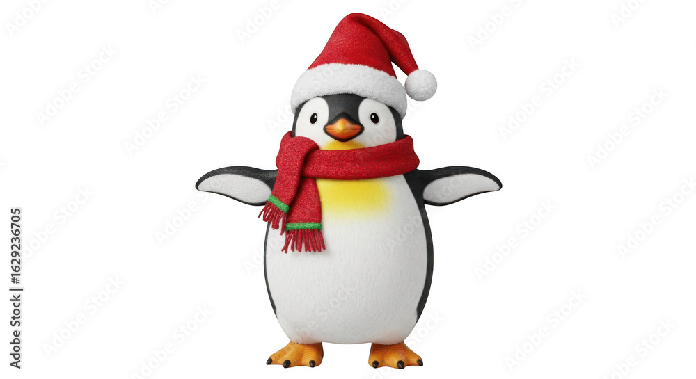 Fototapeta premium Cute penguin wearing santa hat and scarf isolated on transparent background