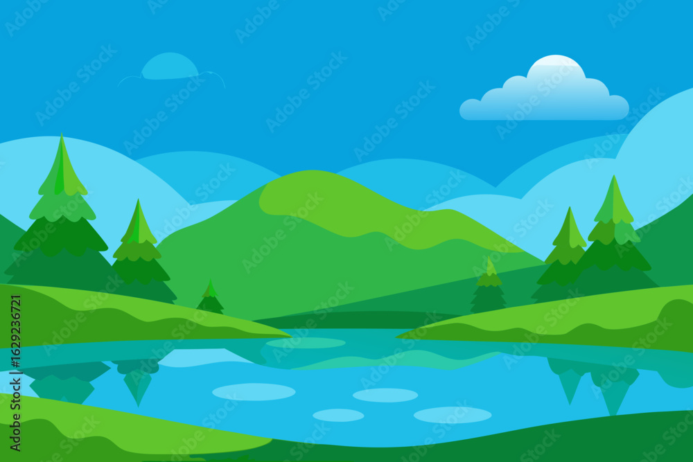 Obraz premium Flat design nature landscape with lake and mountains