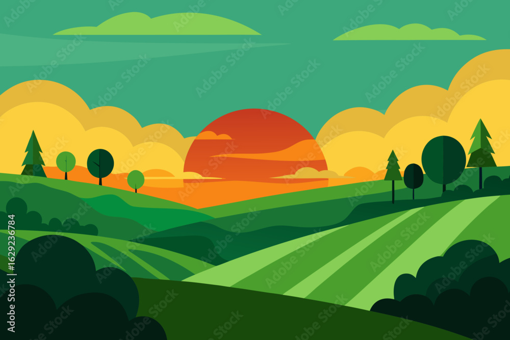 Fototapeta premium Stylized landscape with rolling green hills and a vibrant sunset