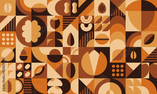 Nuts and legumes geometric pattern background, vector abstract mosaic tile. Modern geometric pattern of walnut, hazelnut and cashew nut with coffee bean and almond or acorn mosaic shapes background