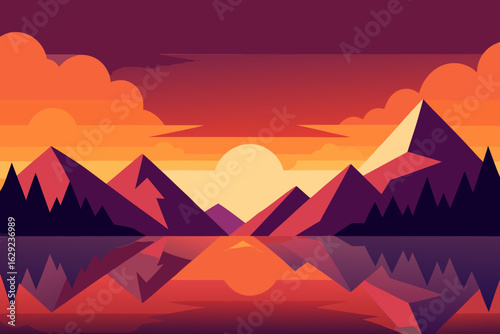 Geometric mountain landscape at sunset reflected in water
