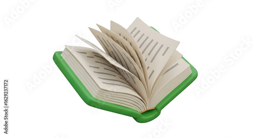 Open green book with pages fluttering isolated on transparent background