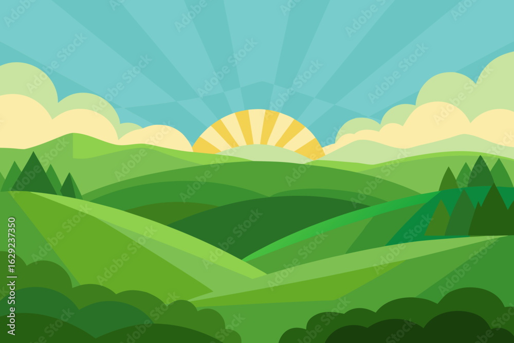 Fototapeta premium Stylized rolling green hills with sunrise and clouds