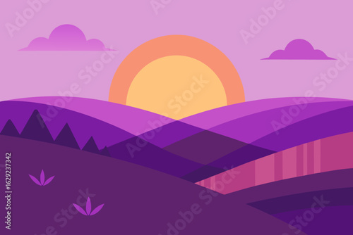 Stylized landscape with rolling hills and a rising sun