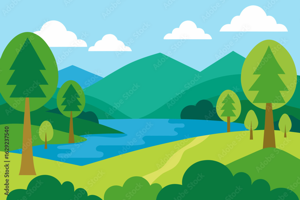 Fototapeta premium Stylized flat landscape with trees lake and mountains under a blue sky with clouds