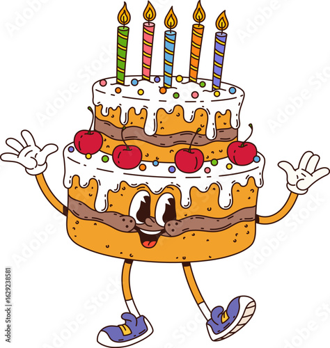 Cartoon groovy birthday cake character for party holiday, vector emoji. Groovy birthday cake with candles, cherries, funny face and funky smile, birthday party greeting sweet dessert character