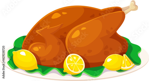 Cartoon roasted turkey served on plate with lettuce leaves and whole lemon fruits, food for happy Thanksgiving holiday celebration. Isolated vector festive meal, symbol of harvest and family gathering