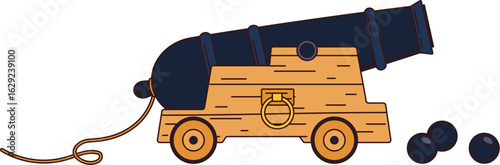 Cartoon groovy pirate cannon weapon with a black metal barrel mounted on a wooden wheeled carriage, accompanied by cannonballs. Vector vintage artillery gun for , historical battle or naval adventure