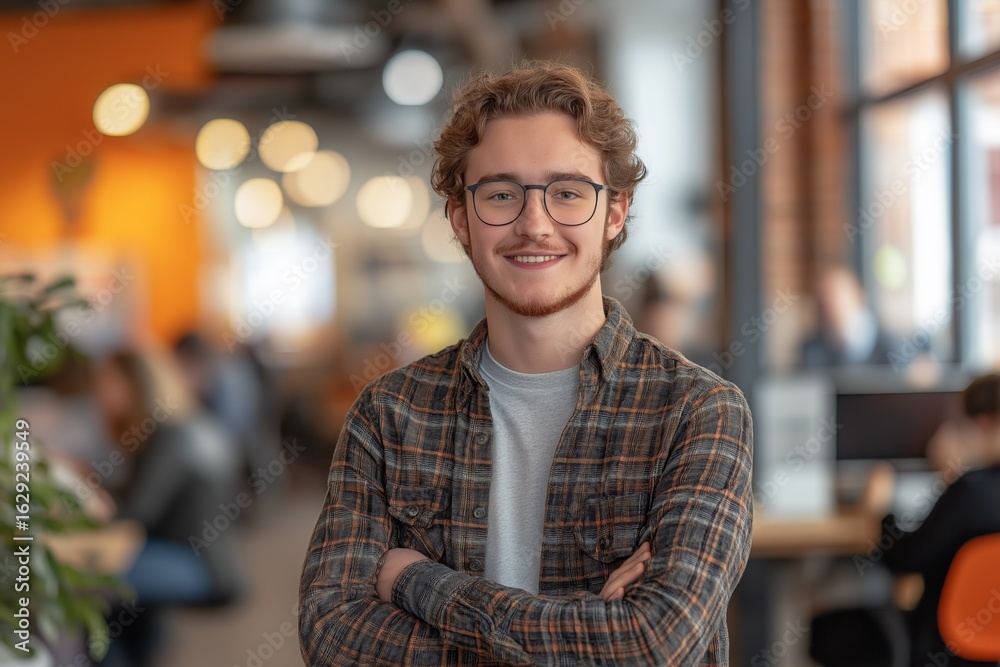 Fototapeta premium Confident Young Professional Smiling Inside a Modern Office with Glasses On