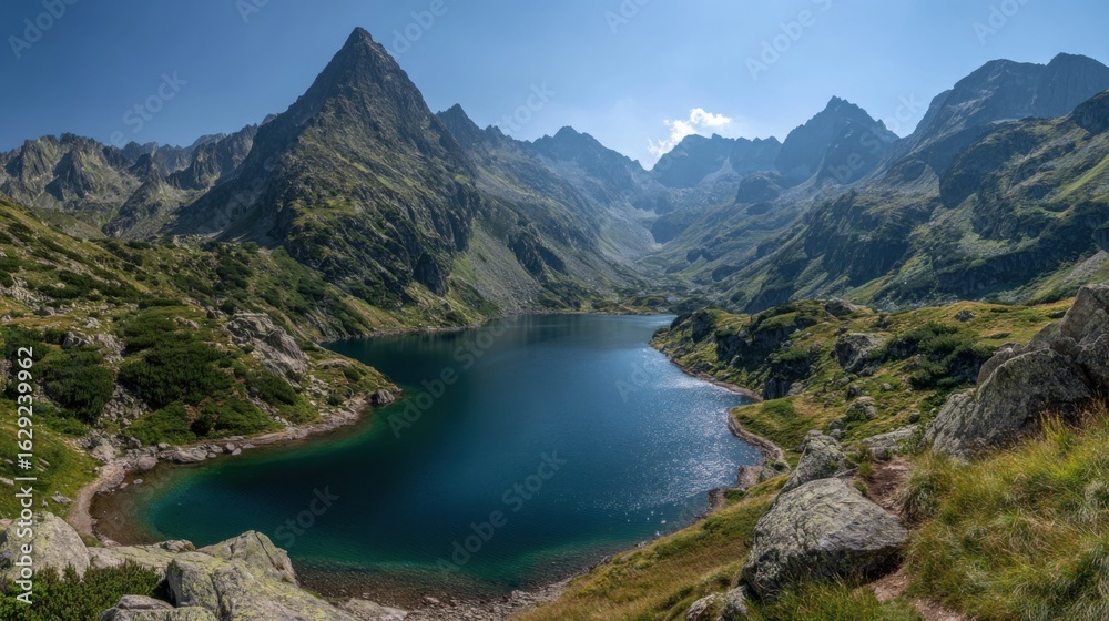 Naklejka premium Lush green hills surround a tranquil lake, reflecting towering mountain peaks. The sun shines brightly in the clear blue sky, creating a serene summer atmosphere.