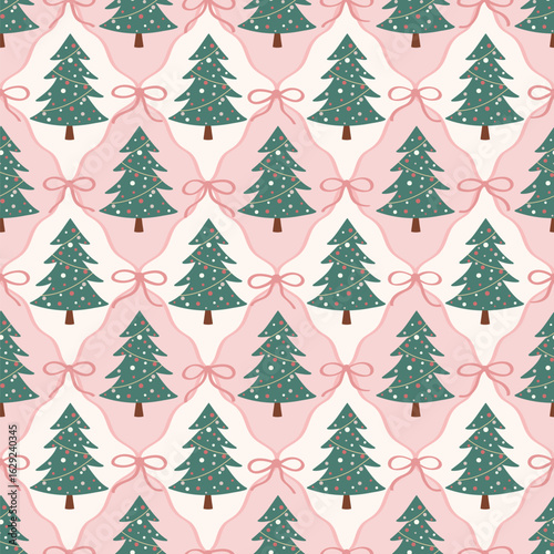Seamless pattern with Christmas trees and pastel pink and white background with delicate ribbons. Coquette repeat background with bow in vintage style for holiday design projects.