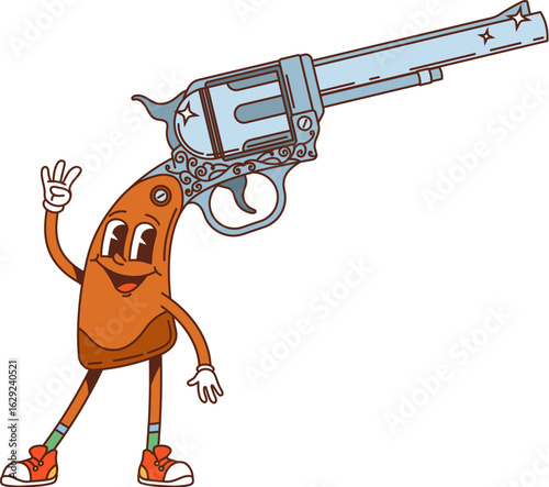Cartoon groovy Wild West or Western character of retro revolver gun, vector funny face. Wild West groovy character of funky gun with smile, Western sheriff or robber pistol and Texas bandit shotgun