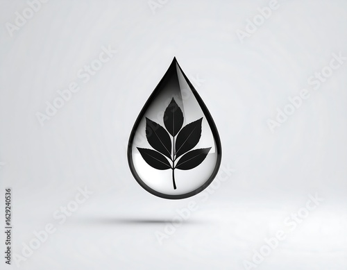Black leaf icon inside a teardrop-shaped object on a light gray background