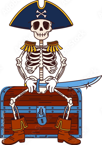 Cartoon skeleton pirate and corsair ship crew character sitting on treasure chest sternly guarding his loot, adorned in captain filibuster outfit with a cocked hat. Isolated vector Halloween personage
