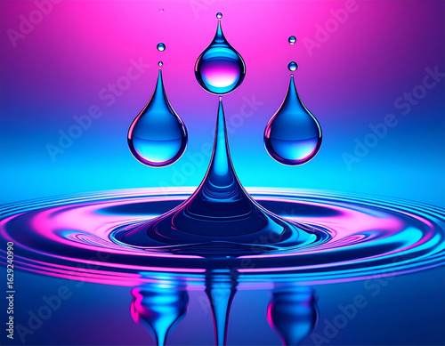 Droplets merging mid-air over water surface, neon pink and electric blue gradient