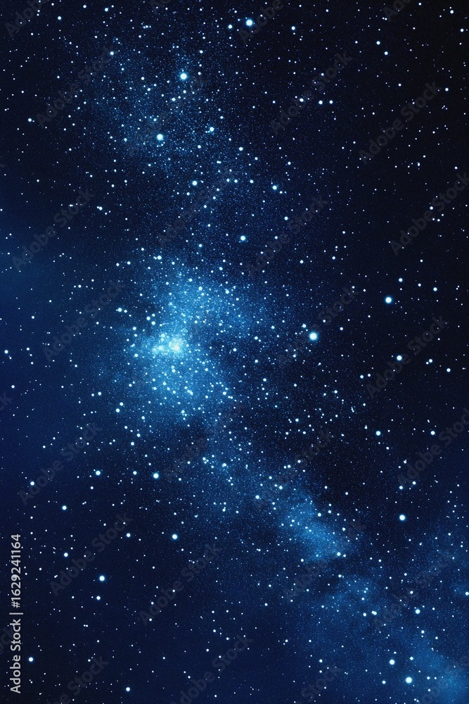 Obraz premium Starry sky background, blue night sky full of stars, glowing stars in the dark space, starry background, dark night, stars in the distance, starlight, dark background with a blue glow, night sky. 