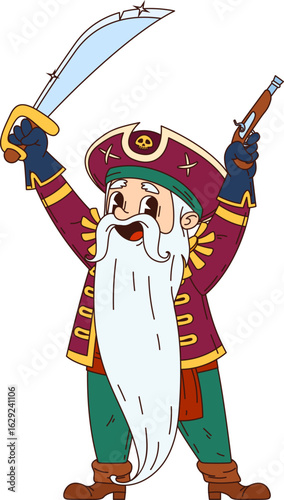 Cartoon groovy pirate character. Isolated vector sea corsair sailor or captain retro personage with long white beard, holding saber and flintlock gun, ready for high seas adventures and treasure hunts