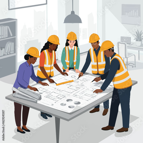 Diverse team of architects and engineers collaboratively reviewing blueprints and discussing construction plans in a modern office setting, showcasing teamwork and expertise.