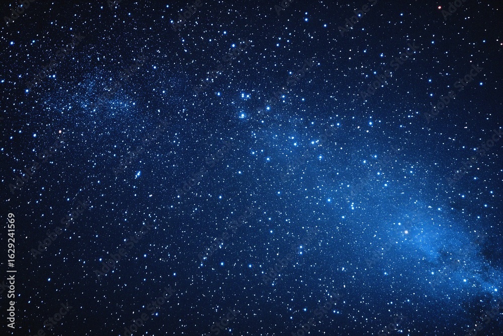 Fototapeta premium Starry sky background, blue night sky full of stars, glowing stars in the dark space, starry background, dark night, stars in the distance, starlight, dark background with a blue glow, night sky. 