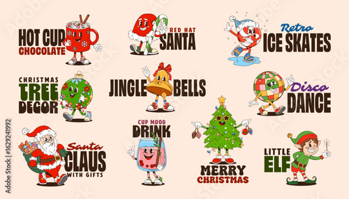 Christmas y2k groovy stickers of cartoon Santa Claus, elf and gift bag. Vector Christmas tree, red hat, Xmas bell and ornament ball characters. Retro y2k groovy disco ball, hot drink cups stickers set